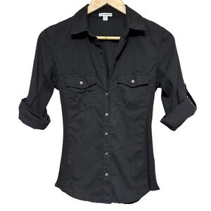 James Perse Button Down Shirt Black Roll Tab Sleeve, Womens Size 2